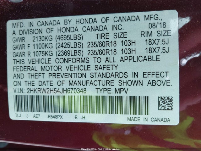 2HKRW2H54JH670348 Honda CR-V EX