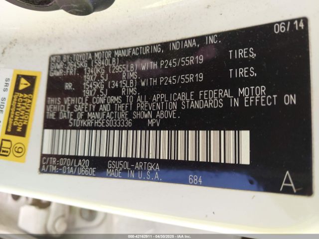 5TDYKRFH5ES033336 Toyota Highlander Limited V6