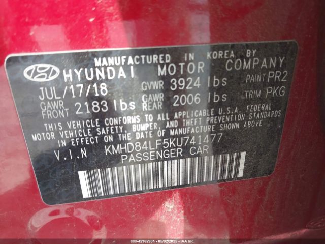 KMHD84LF5KU741477 Hyundai ELANTRA SEL