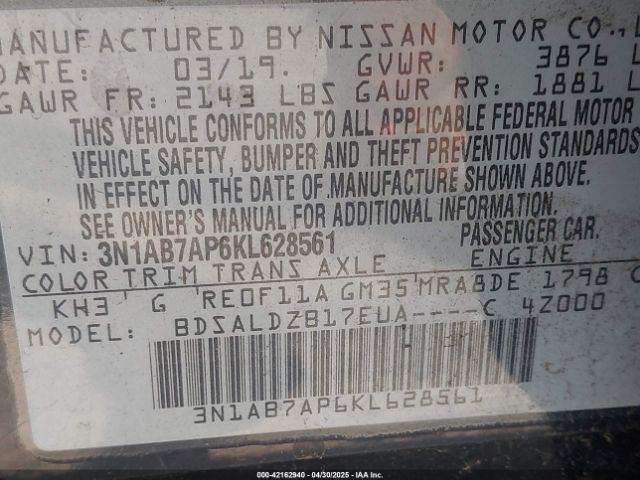 3N1AB7AP6KL628561 Nissan SENTRA SV
