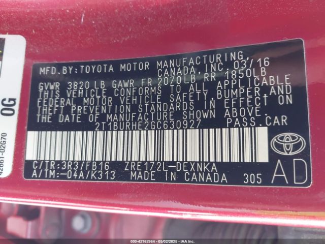 2T1BURHE2GC630927 Toyota COROLLA LE