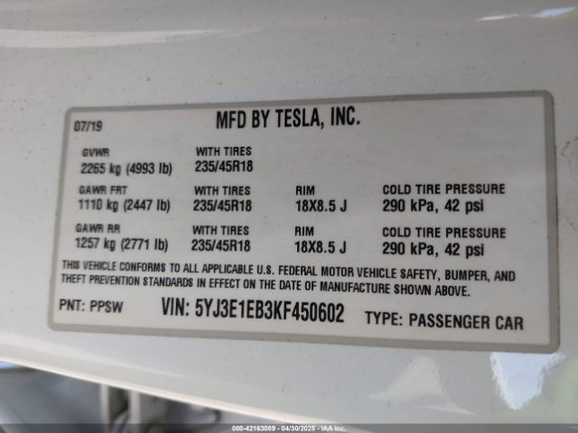 2019 TESLA MODEL 3 5YJ3E1EB3KF450602 Photo 8