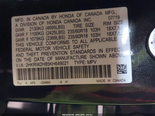2HKRW2H85KH649021 Honda Cr-v Ex-l