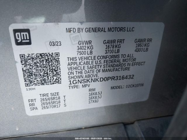 1GNSKNKD0PR316432 Chevrolet Tahoe 4wd Lt
