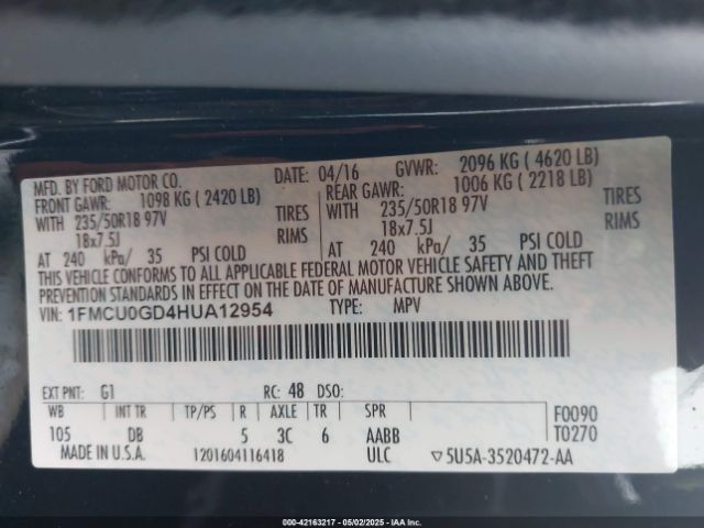 1FMCU0GD4HUA12954 Ford ESCAPE SE