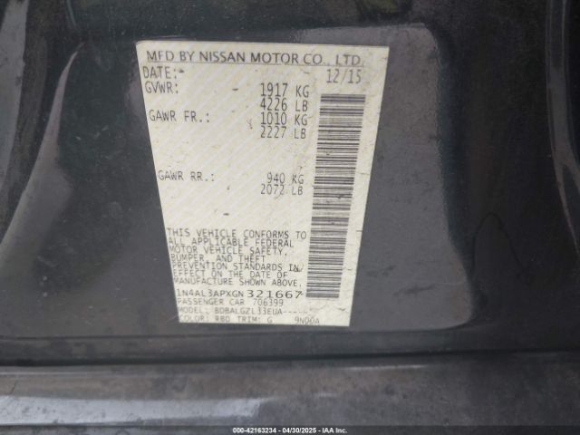 1N4AL3APXGN321667 Nissan Altima 2.5/2.5 S/2.5 Sl/2.5 Sr/2.5 Sv