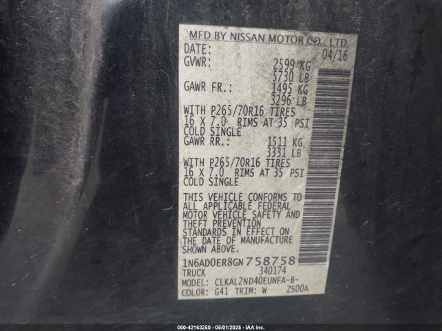 1N6AD0ER8GN758758 Nissan Frontier Sv
