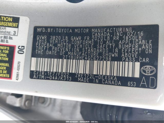 2T1BURHE4GC627298 Toyota Corolla S