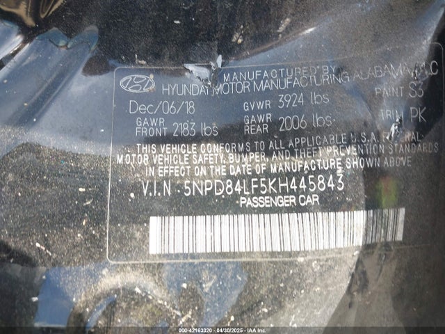 5NPD84LF5KH445843 Hyundai Elantra Limited
