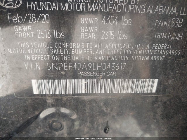 5NPEF4JA9LH043617 Hyundai SONATA SEL