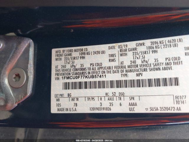 1FMCU0F77KUB57411 Ford ESCAPE S