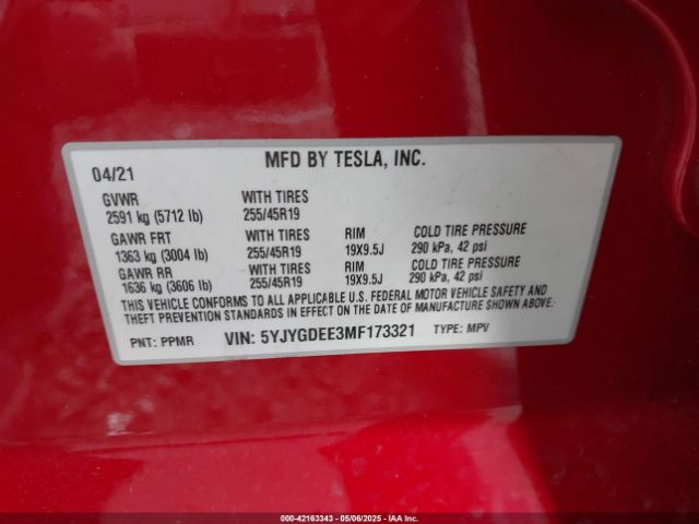 2021 TESLA MODEL Y 5YJYGDEE3MF173321 Photo 8
