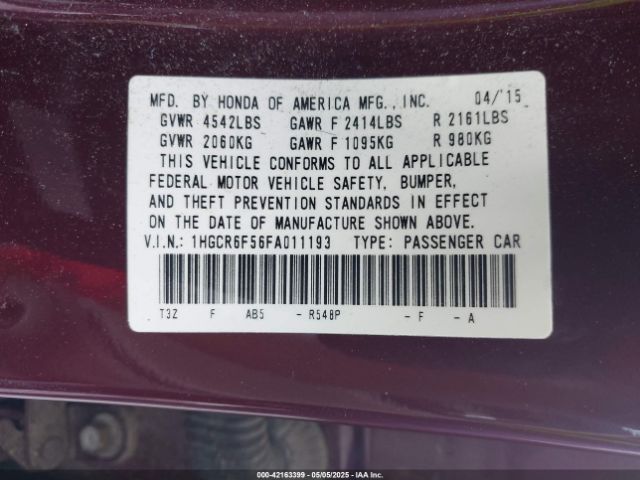 1HGCR6F56FA011193 Honda Accord Hybrid Ex-l