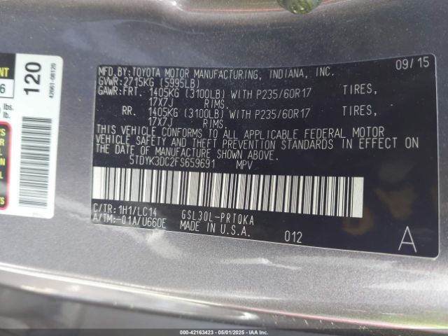 5TDYK3DC2FS659691 Toyota Sienna Xle Premium 8 Passenger