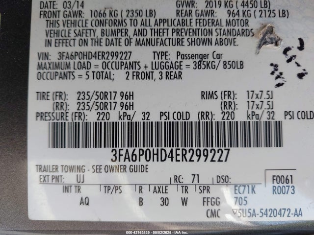 3FA6P0HD4ER299227 Ford FUSION SE