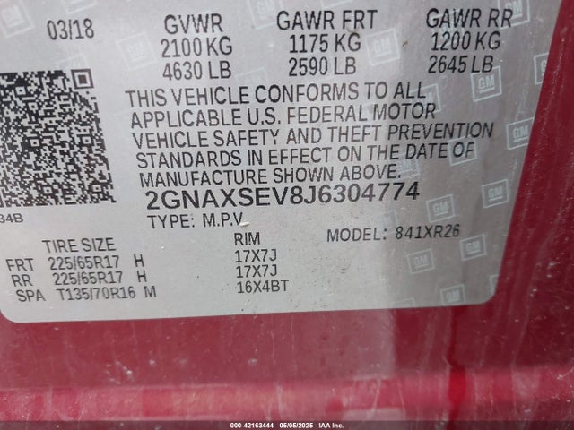 2GNAXSEV8J6304774 Chevrolet EQUINOX LT