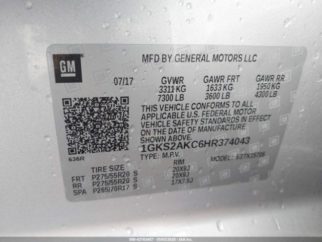 1GKS2AKC6HR374043 GMC YUKON SLE