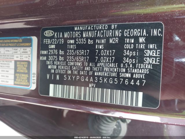 5XYPG4A35KG576447 KIA Sorento 2.4l Lx