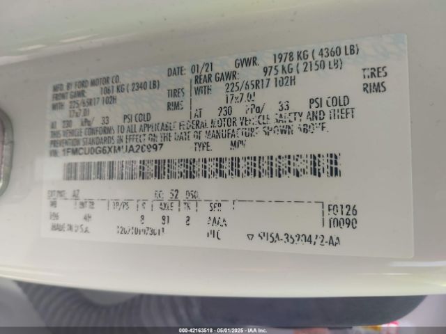 2021 FORD ESCAPE 1FMCU0G6XMUA26997 Photo 8
