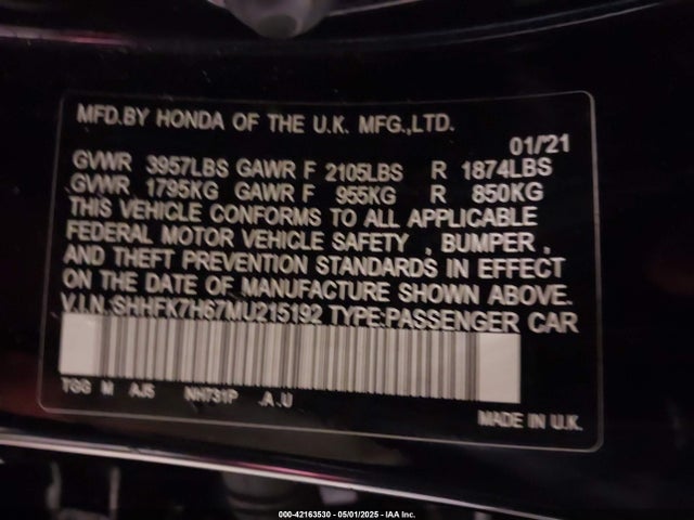 SHHFK7H67MU215192 Honda CIVIC EX