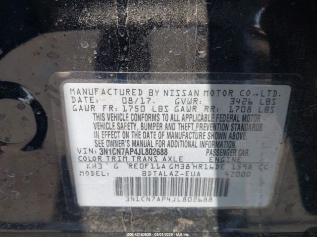 3N1CN7AP4JL802688 Nissan Versa 1.6 S+