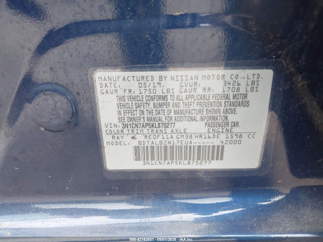 3N1CN7AP5KL875277 Nissan Versa 1.6 Sv