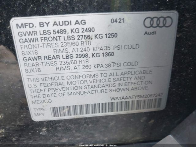 WA1AAAFY5M2087242 Audi Q5 Premium 45 Tfsi Quattro S Tronic