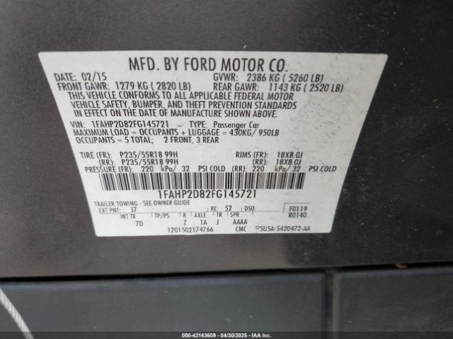 1FAHP2D82FG145721 Ford TAURUS SE