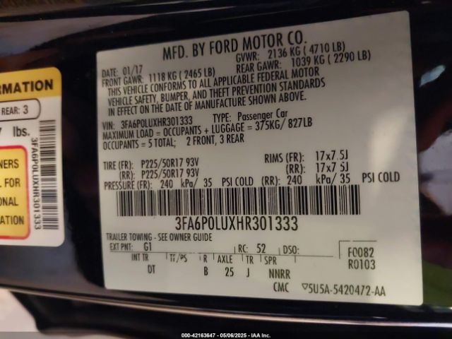 3FA6P0LUXHR301333 Ford Fusion Hybrid Se