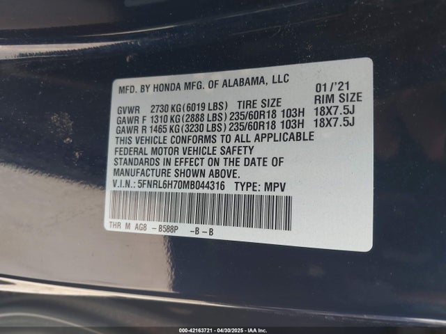 5FNRL6H70MB044316 Honda j35y7