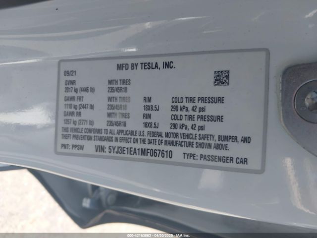 5YJ3E1EA1MF067610 Tesla Model 3 Standard Range Plus Rear-wheel Drive