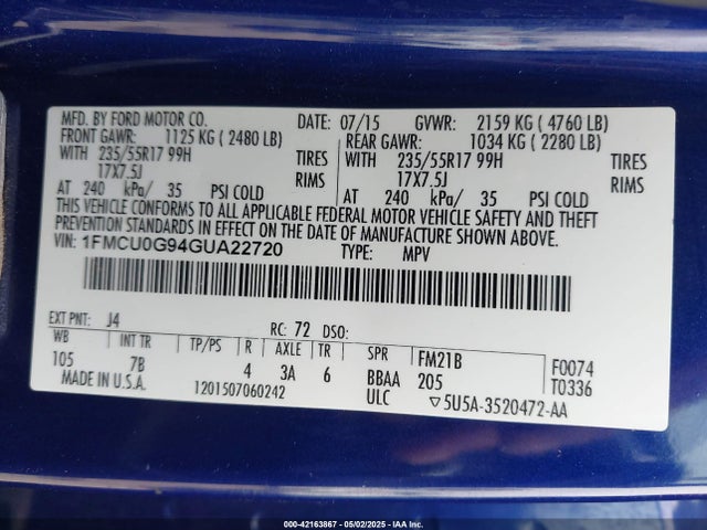 1FMCU0G94GUA22720 Ford ESCAPE SE