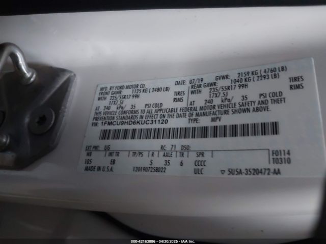 1FMCU9HD6KUC31120 Ford ESCAPE SEL