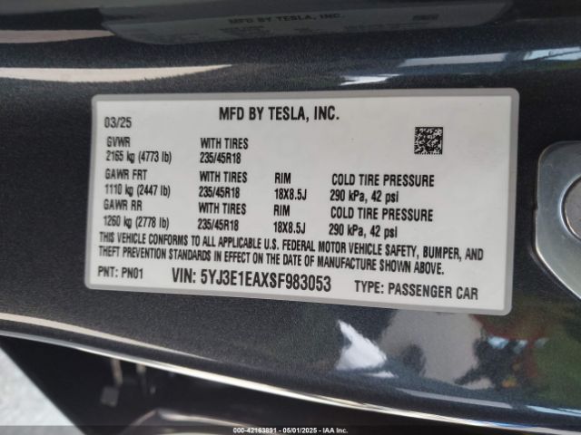 5YJ3E1EAXSF983053 Tesla Model 3 Long Range Rear-wheel Drive