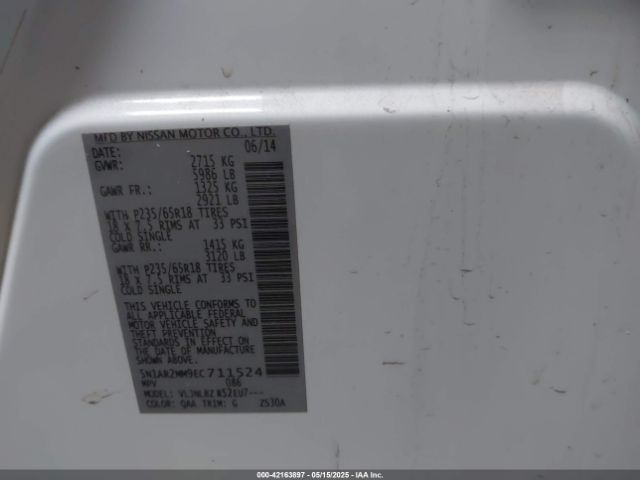 5N1AR2MM9EC711524 Nissan Pathfinder Platinum/s/sl/sv
