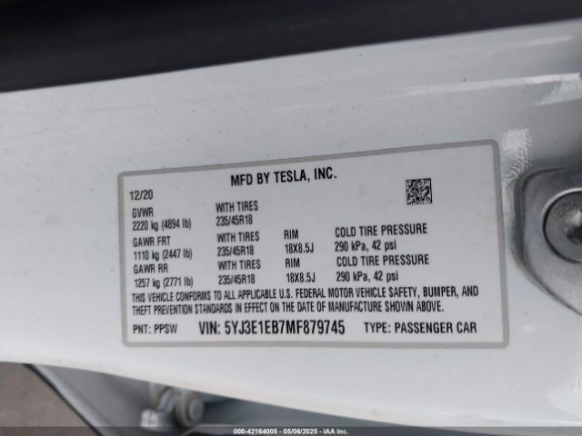 5YJ3E1EB7MF879745 Tesla Model 3 Long Range Dual Motor All-wheel Drive