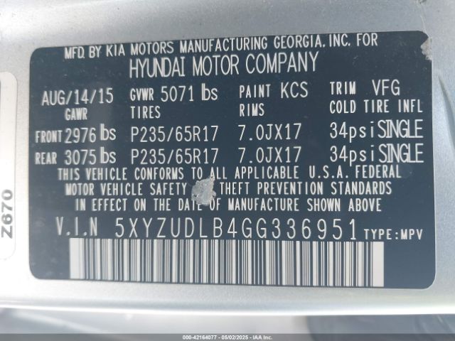 5XYZUDLB4GG336951 Hyundai gdi theta ii