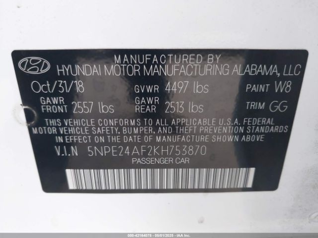 5NPE24AF2KH753870 Hyundai SONATA SE