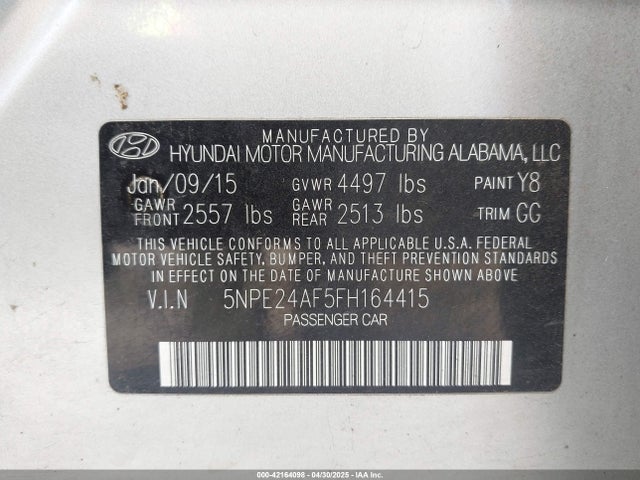 5NPE24AF5FH164415 Hyundai SONATA SE