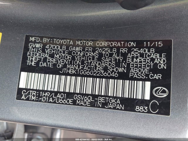 Продажа на аукционе авто 2016 Lexus Es 350, vin: JTHBK1GG6G2236046, номер лота: 42164102