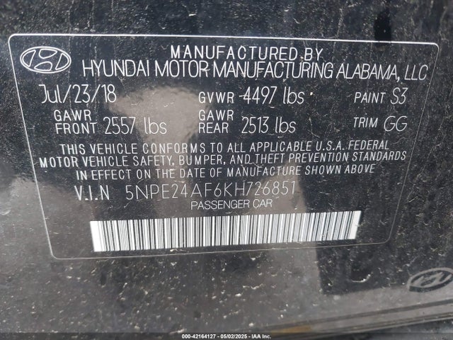 5NPE24AF6KH726851 Hyundai gdi theta-ii