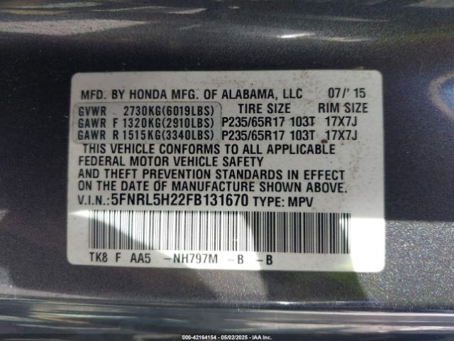 5FNRL5H22FB131670 Honda ODYSSEY LX
