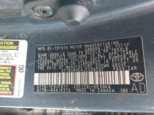 2T1BURHE4JC009597 Toyota COROLLA LE