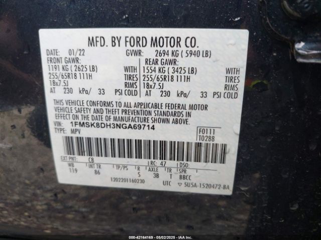 1FMSK8DH3NGA69714 Ford EXPLORER XLT