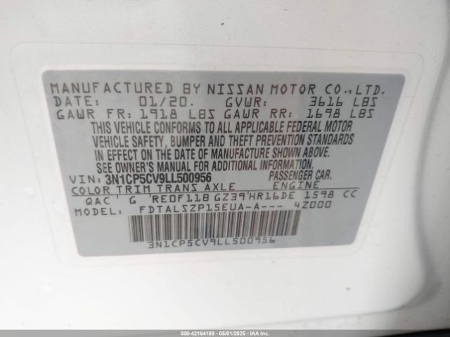 3N1CP5CV9LL500956 Nissan Kicks Sv Xtronic Cvt