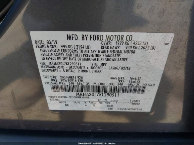 MAJ6S3GL7KC290511 Ford Ecosport Se