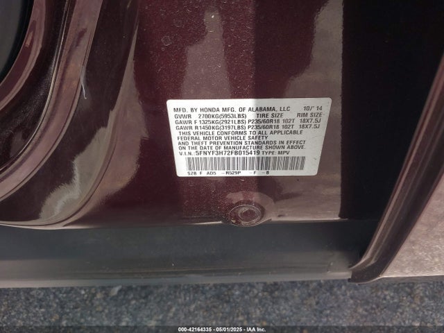Honda Pilot Ex-l 2015 5FNYF3H72FB015419 Image 9