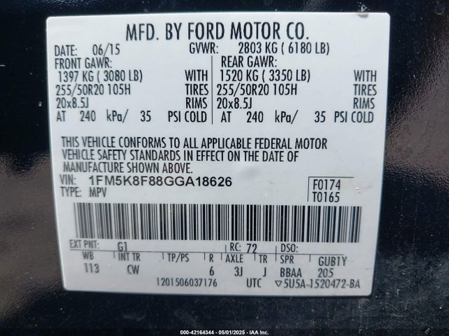 1FM5K8F88GGA18626 Ford Explorer Limited