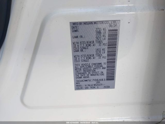 5N1AR2MM7EC706483 Nissan Pathfinder Sl
