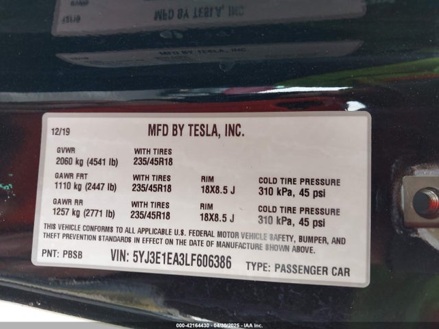 5YJ3E1EA3LF606386 Tesla MODEL 3
